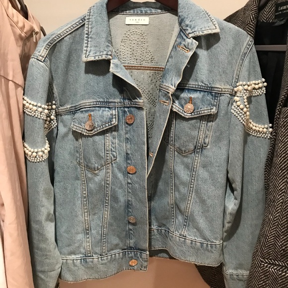 sandro denim jacket pearls